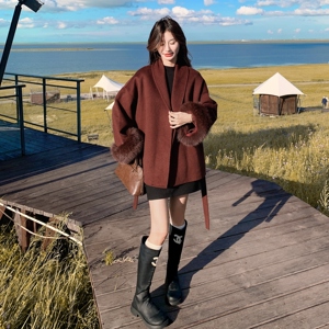 安可拉红秋冬新款可拆卸狐狸毛双面羊绒大衣女短款小个子羊毛外套图片