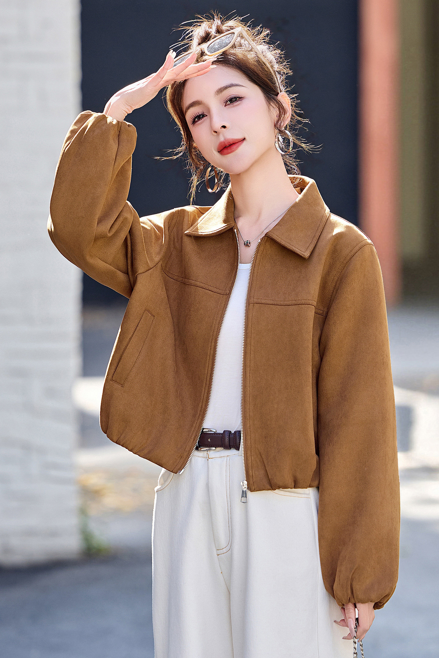 已出货春装新品美拉德棕色麂皮外套女短款韩版宽松休闲小个子潮,女装短外套,吾爱衣