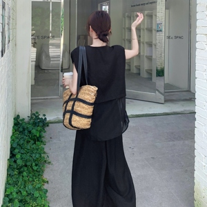 夏季2025新款薄款圆领宽松显瘦设计感V领上衣阔腿裤两件套套装潮图片