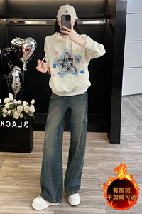 百搭印花刺绣卫衣直筒牛仔裤套装图片