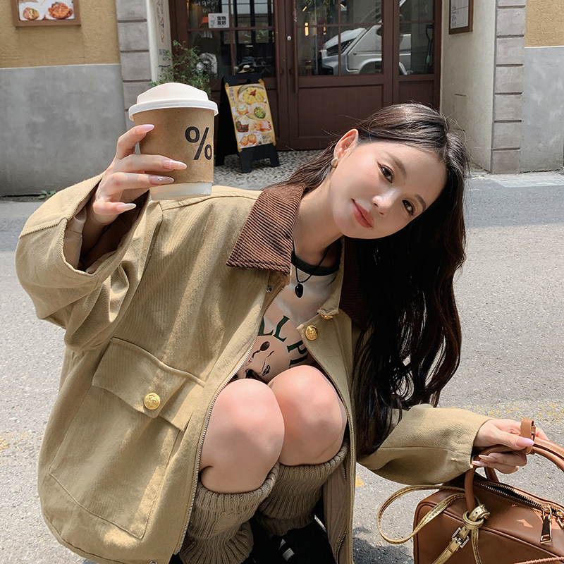 独特超好看卡其色短款夹克外套女春秋2025新款设计感宽松休闲上衣,女装短外套,2C353