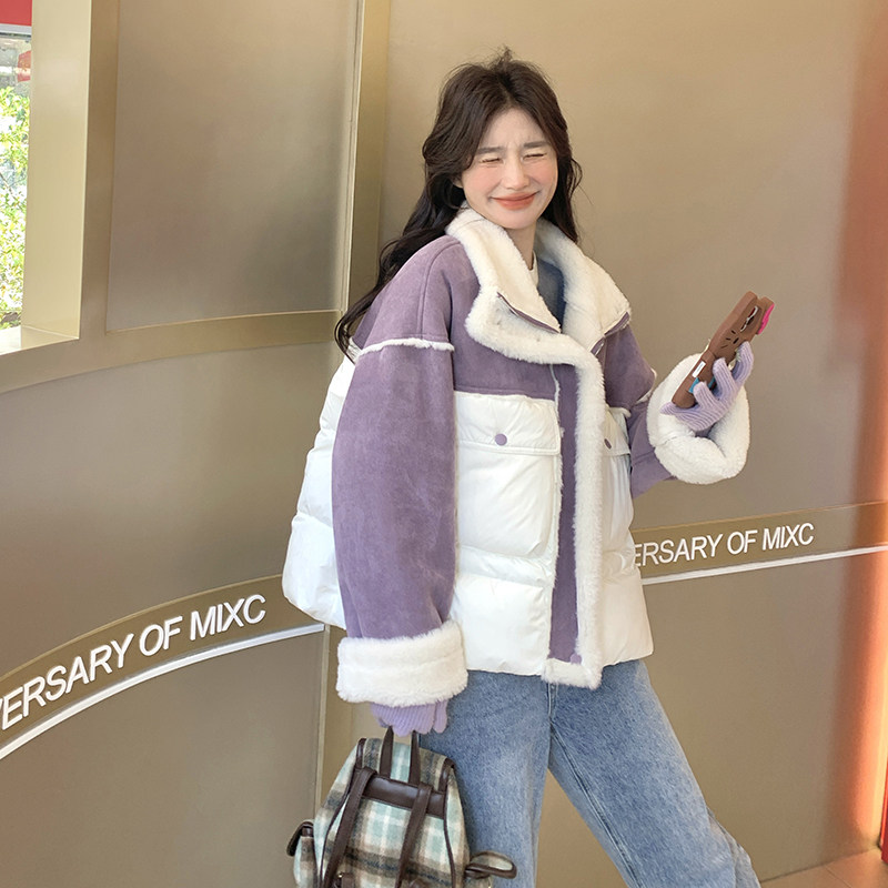 撞色羊羔毛拼接羽绒服女冬季新款韩系小个子保暖90白鸭绒面包服,女装羽绒服,2B222