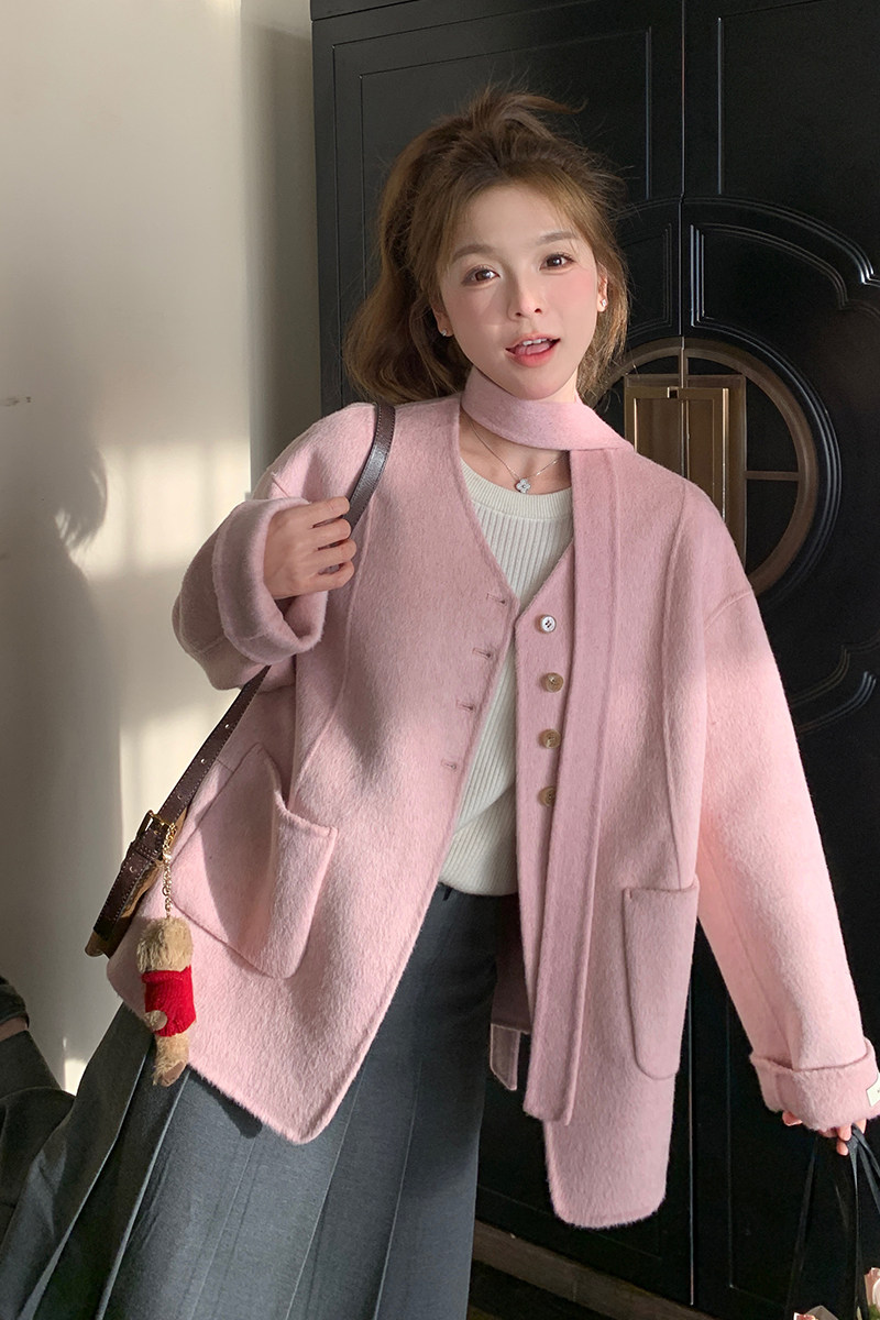 粉色韩系新款双面羊绒飘带V领宽松显瘦小个子羊毛外套P265-K399,女装毛呢外套,2C291