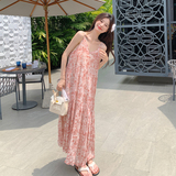 法式温柔粉色碎花吊带连衣裙女2025夏季新款度假风v领显瘦长裙，女装连衣裙，2C030