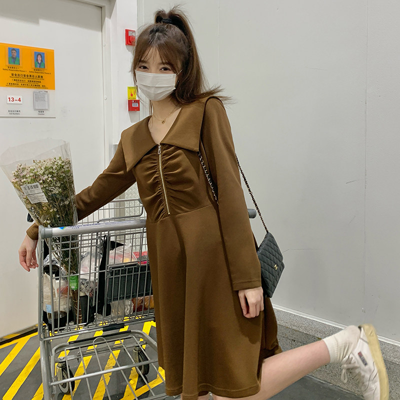法式咖色海军领长袖连衣裙女2024春秋新款小个子设计感显瘦A字裙,女装连衣裙,2C057