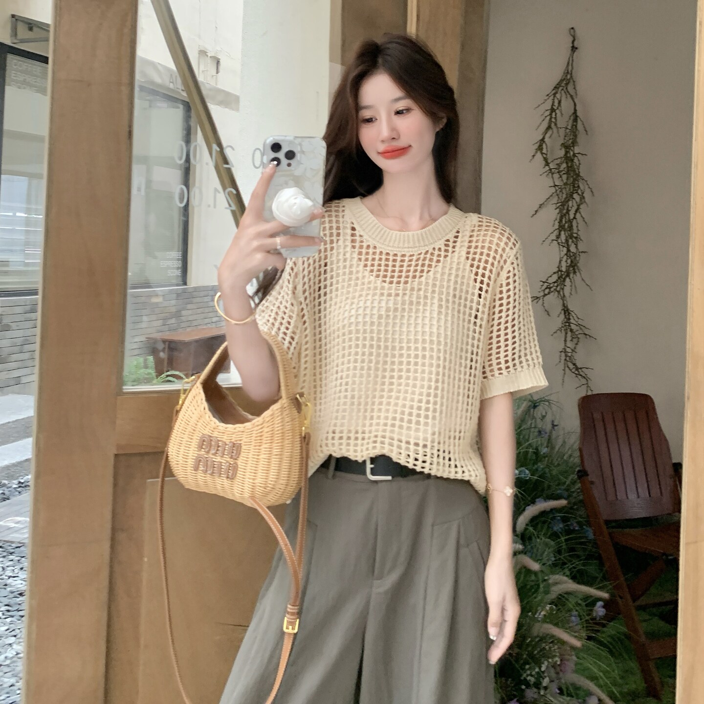 韩系休闲气质套装女2025夏季新款氛围感针织镂空上衣阔腿裤三件套,女装套装/套裙,2C135