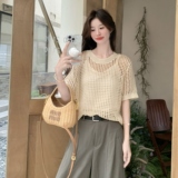 韩系休闲气质套装女2025夏季新款氛围感针织镂空上衣阔腿裤三件套，女装套装/套裙，2C135