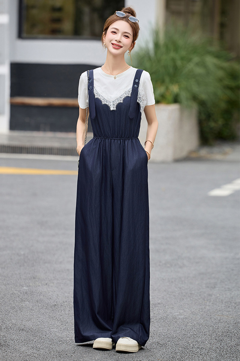时尚蕾丝拼接背带裤套装女2025夏季洋气减龄短袖T恤阔腿裤两件套,女装套装/套裙,衣佳和