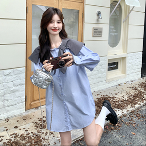 秋季韩版时尚蝴蝶结海军领翻领2025新款超大衬衫女宽松设计感上衣图片