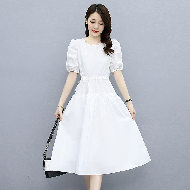 纯色连衣裙女2025年夏季新款简约百搭收腰显瘦中长款短袖裙子,女装连衣裙,蓝朵琳