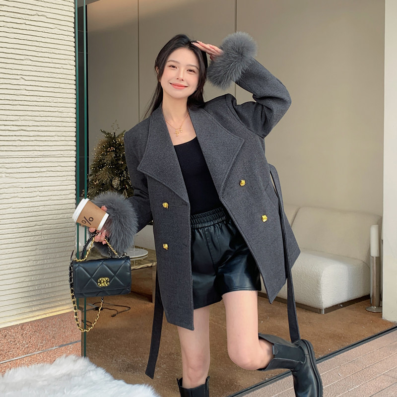 黑色中长款毛呢外套女2023秋冬新款韩版今年流行高级感加厚呢大衣图片