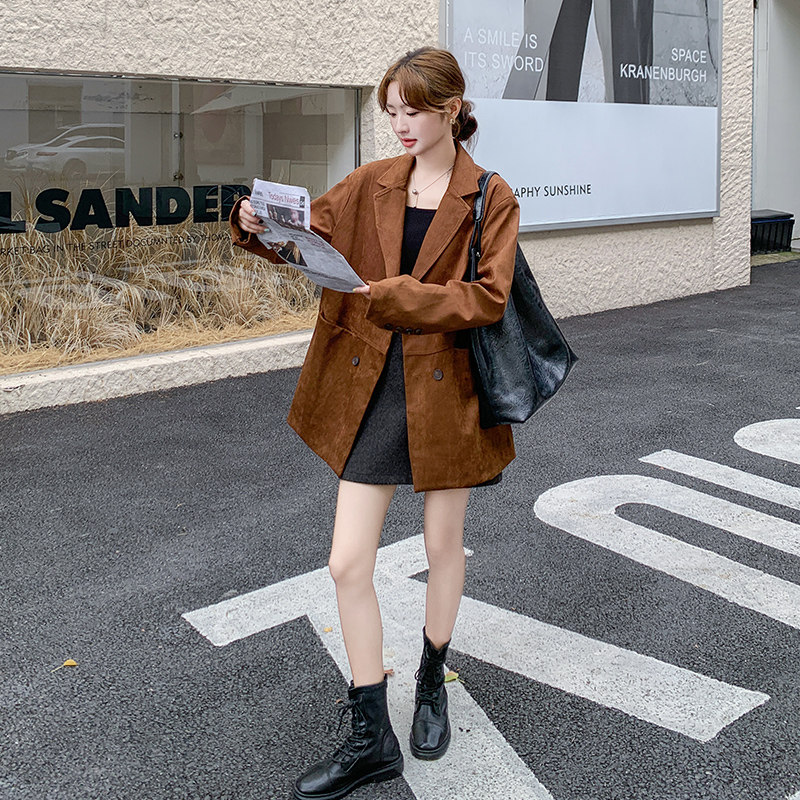 美拉德咖色麂皮绒西装外套女2025春秋新款韩系高级感炸街通勤西服图片