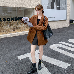 美拉德咖色麂皮绒西装外套女2025春秋新款韩系高级感炸街通勤西服图片