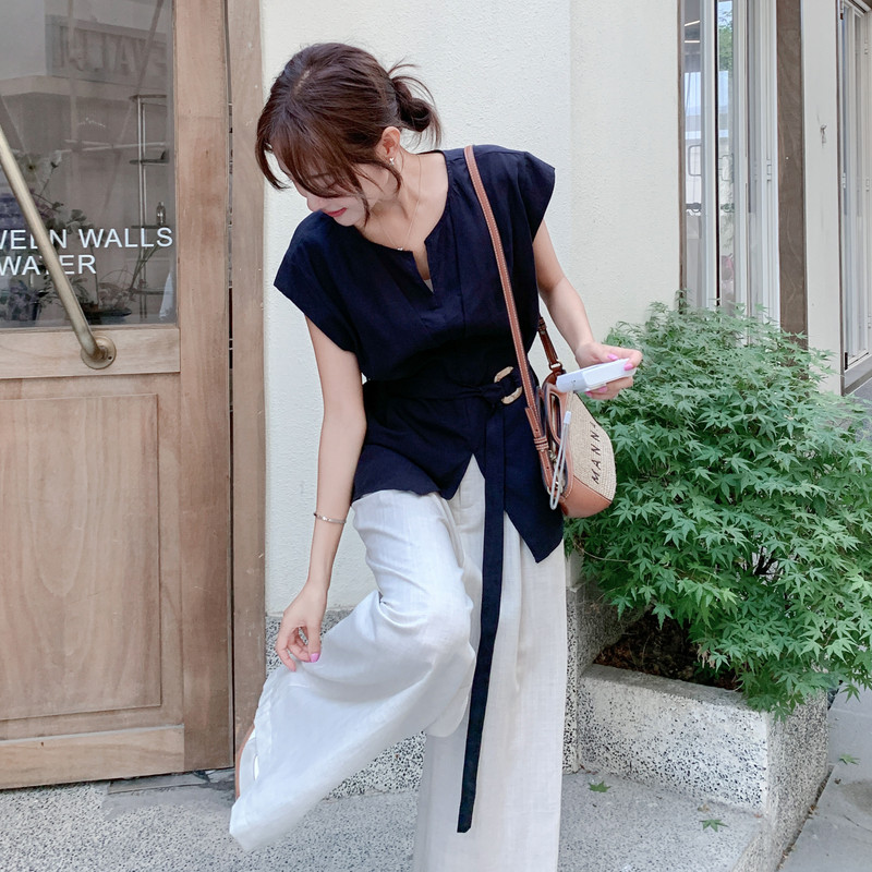 藏青色衬衫阔腿裤套装女夏2025新款盐系轻熟两件套小众不撞款流行图片