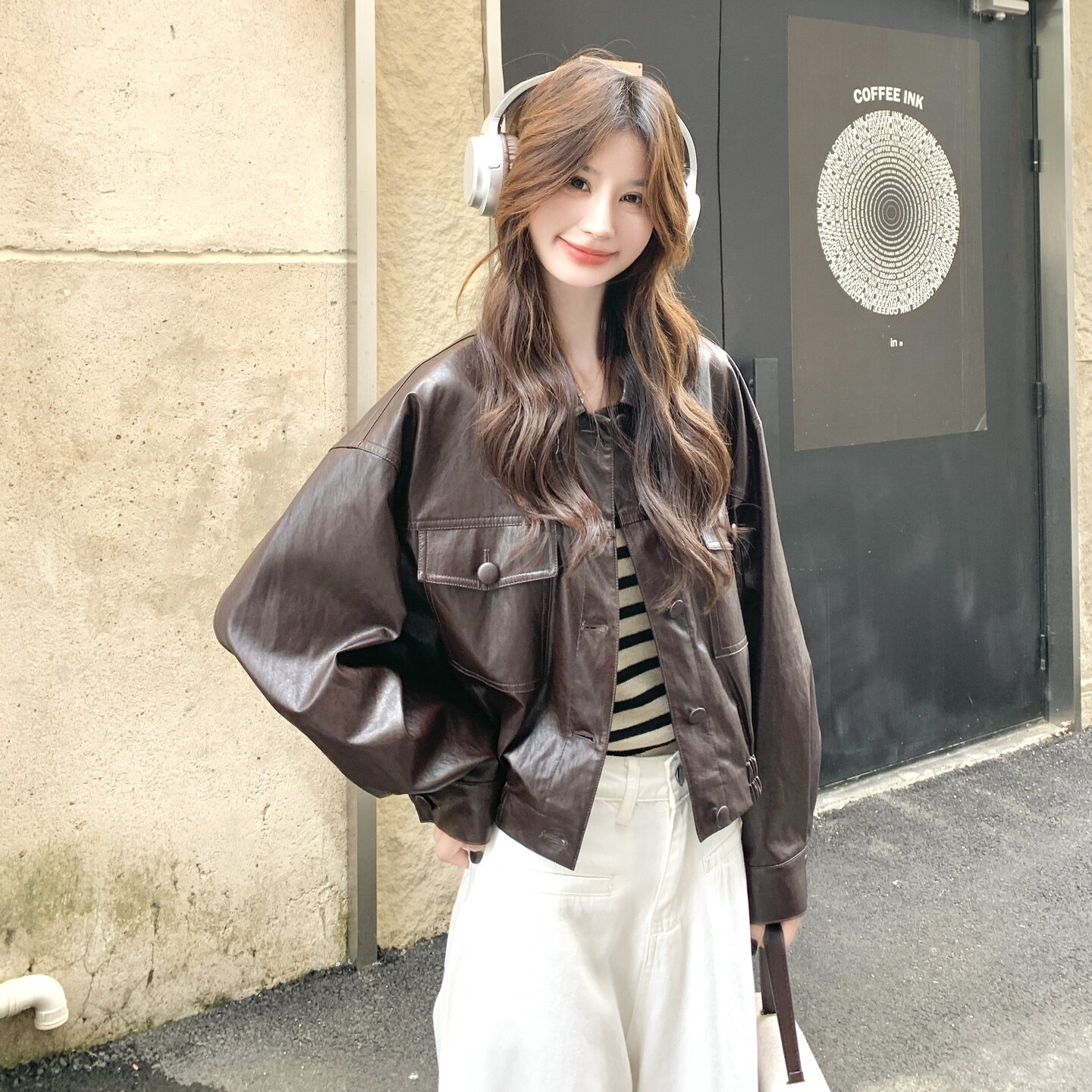 美拉德咖色机车皮衣外套女2025秋季新款韩版小个子甜酷风pu皮夹克,女装短外套,2C012