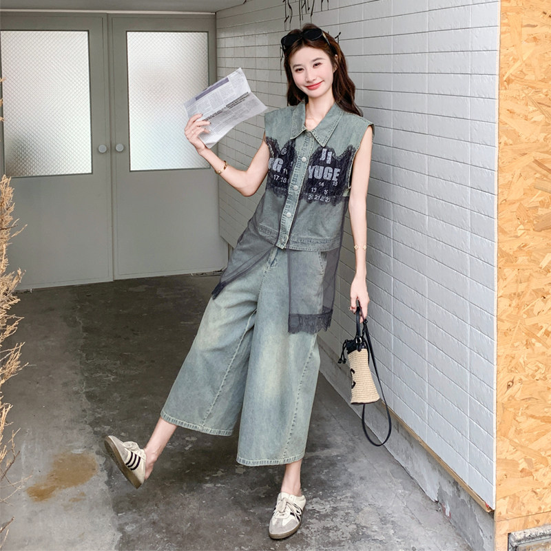 现货;夏装新款设计感拼接蕾丝牛仔马甲套装2C135-N8877P165K238,女装套装/套裙,2C135