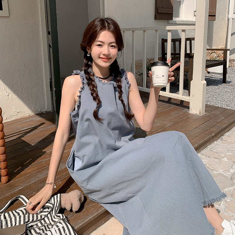 港风复古流苏牛仔背心连衣裙女2025夏季新款韩版宽松显瘦盐系长裙,女装连衣裙,2C112
