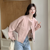 小香风粉色短款皮衣外套女春秋2025新款减龄百搭超火PU夹克高级感，女装皮衣，2C320