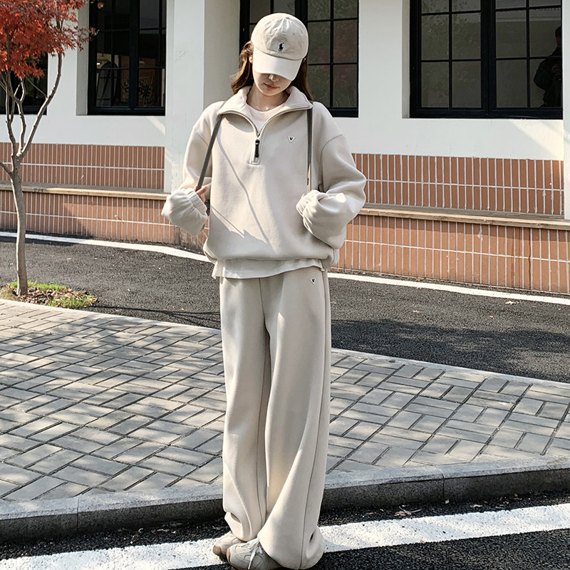 米白色卫衣运动穿搭时尚套装女秋2025新款休闲显瘦直筒长裤两件套,女装套装/套裙,2C203
