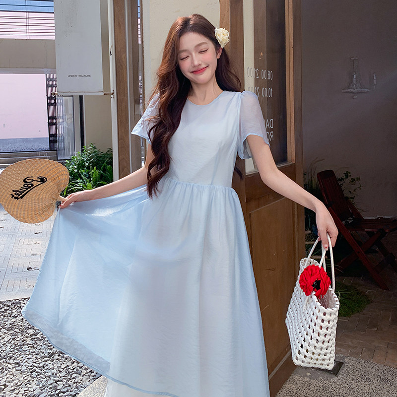 独特绝美蓝色薄纱连衣裙女夏2025年新款超好看温柔气质连身长裙子,女装连衣裙,2C122