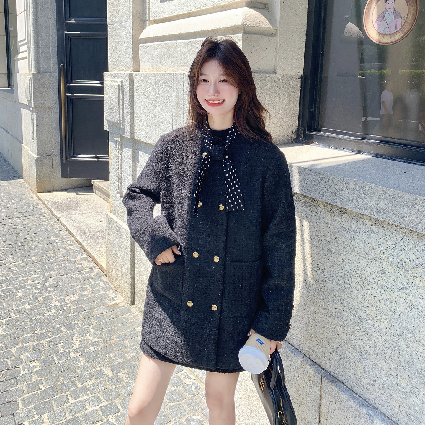 小香风羽绒服半身裙套装女冬季新款设计感小众百搭美式复古两件套,女装毛呢外套,2D078