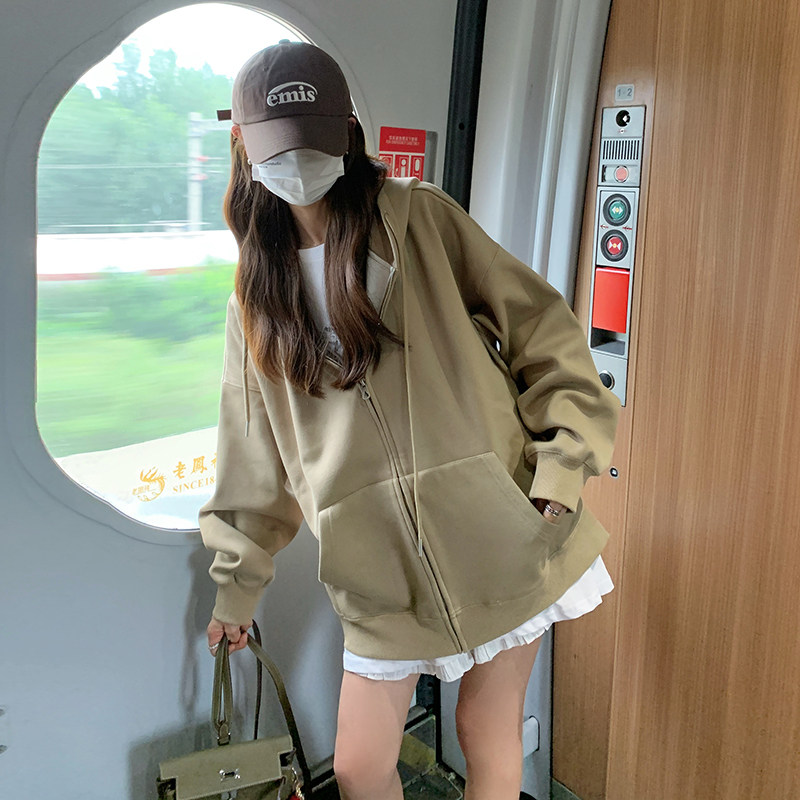 卡其色连帽开衫卫衣外套女2024春季新款韩版小个子慵懒风休闲上衣,女装卫衣/绒衫,2C037