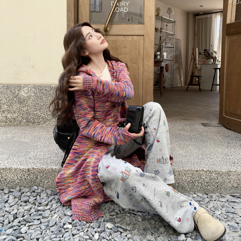 甜美粉色连帽针织上衣碎花休闲裤套装女春秋ootd减龄两件套巨好看,女装套装/套裙,2C087
