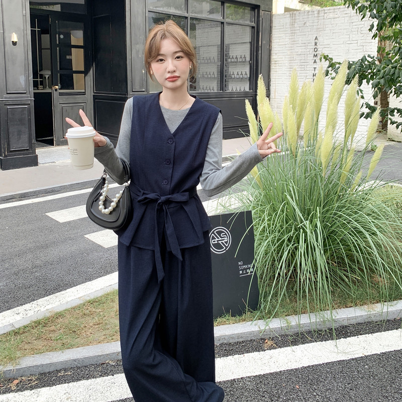 老钱风系带收腰马甲淡人套装女2025秋季小个子T恤阔腿裤三件套潮,女装套装/套裙,2C203