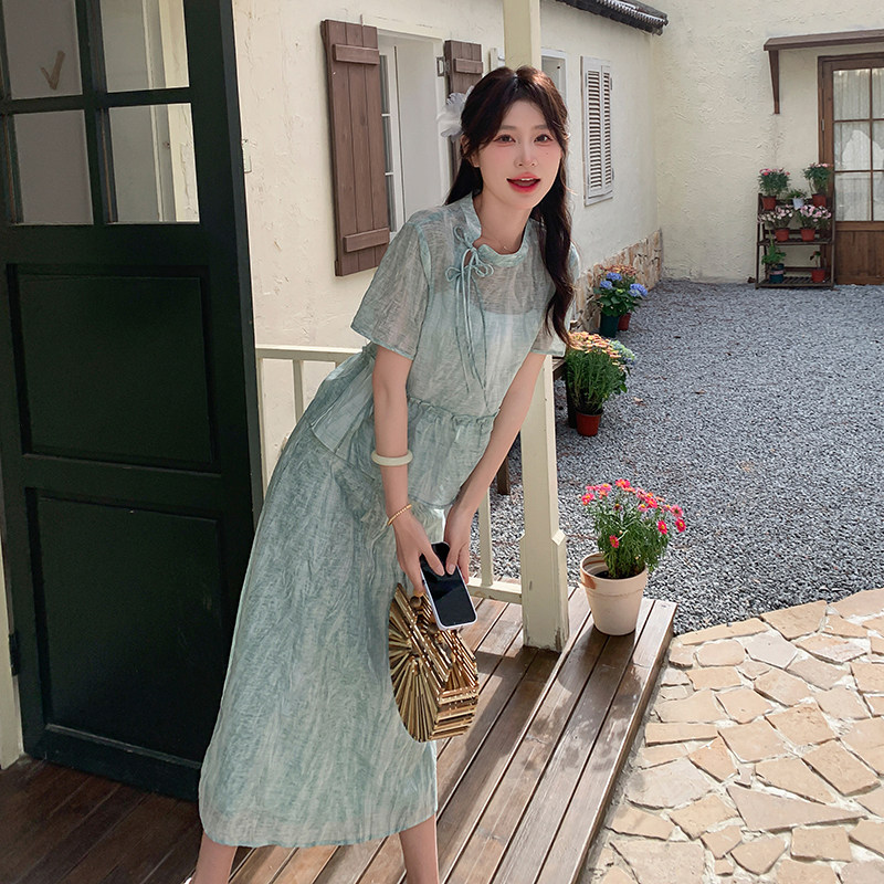 新中式复古短袖上衣两件套女2025年夏季新款漂亮显瘦气质国风套装,女装套装/套裙,2D044