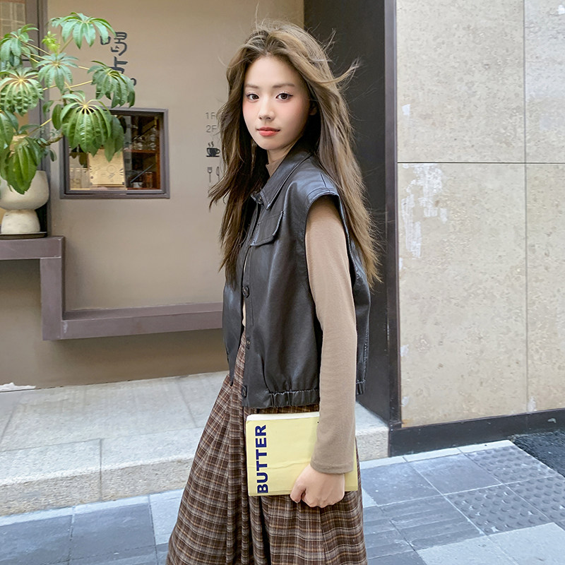 美式复古皮衣马甲女2025秋季新款高级感时尚百搭小个子短款外套潮,女装皮衣,2C215