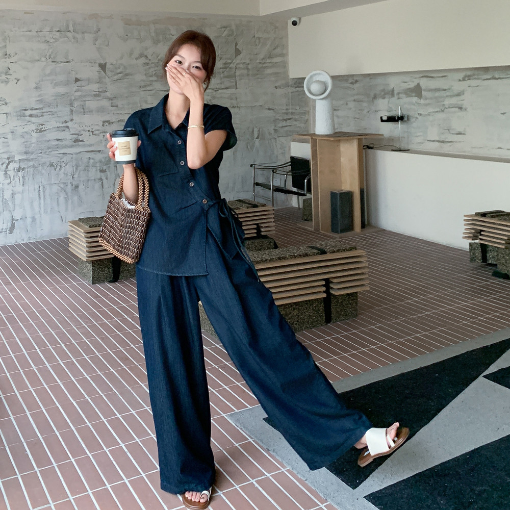 深蓝色不规则牛仔衬衫阔腿裤套装2025新款女夏韩系chic别致两件套,女装套装/套裙,2C375