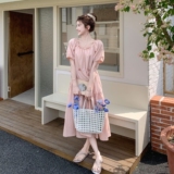 泡泡袖短袖法式夏季纯欲女连衣裙系带甜美韩版小众显瘦气质时尚，女装连衣裙，2C259