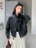 韩版短款立领显瘦PU皮衣外套女2025春秋季新款复古酷飒风机车夹克，女装皮衣，2C259