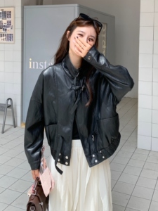 韩版短款立领显瘦PU皮衣外套女2025春秋季新款复古酷飒风机车夹克图片