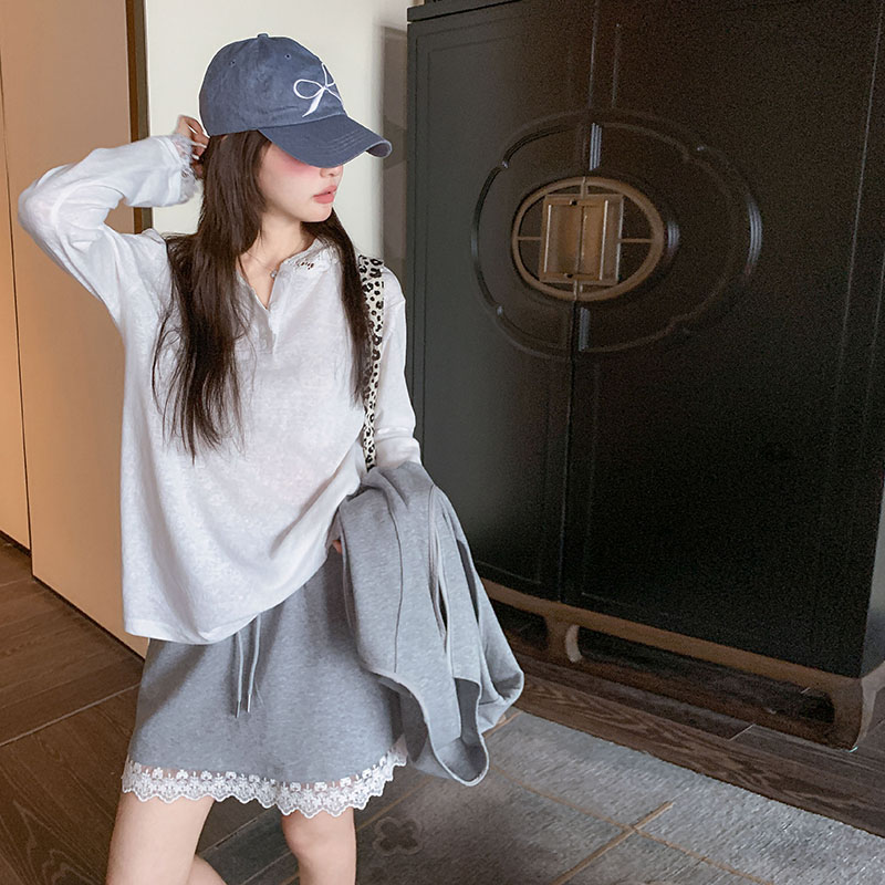 灰色超火马甲套装裙女春季2026新款小个子蕾丝拼接t恤短裙三件套,女装套装/套裙,2C159