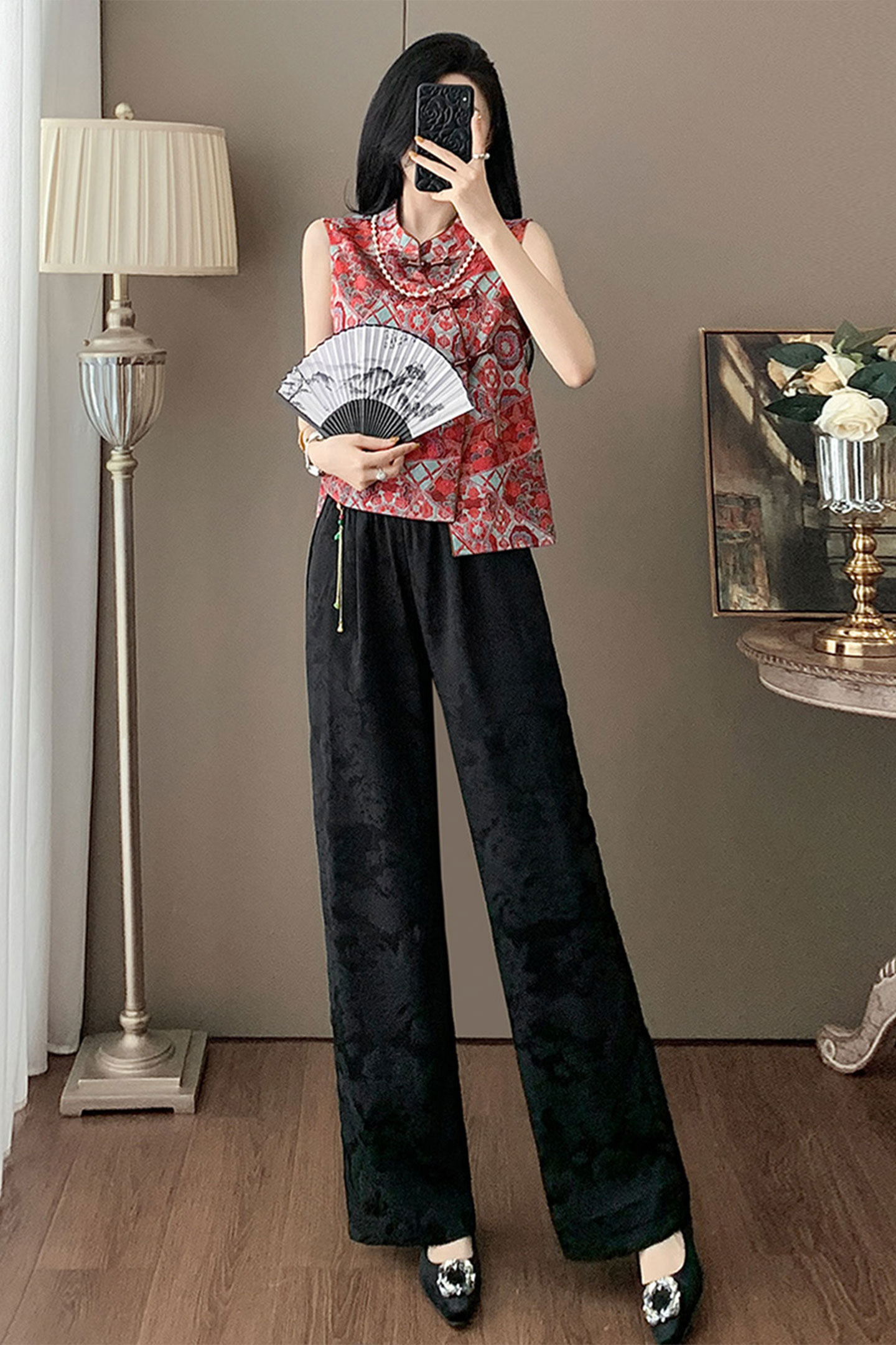 女夏季新款风时尚套装老钱风立领斜襟提花无袖上衣阔腿裤两件套,女装套装/套裙,2C310
