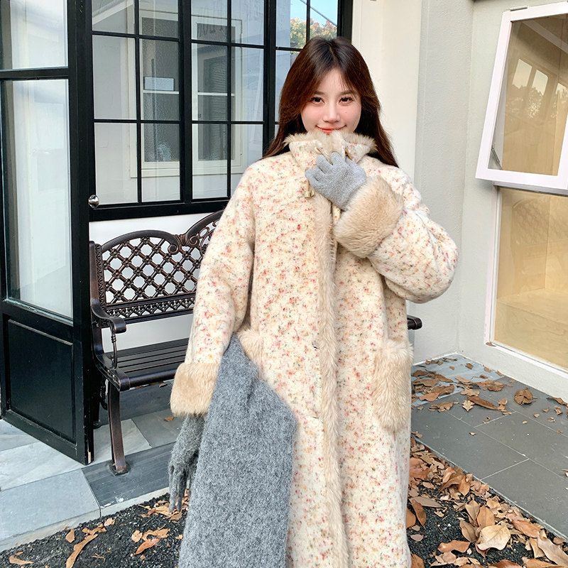 独特设计感碎花皮毛一体棉服外套女冬加绒加厚羊羔毛棉衣棉袄大衣,女装毛呢外套,2C073