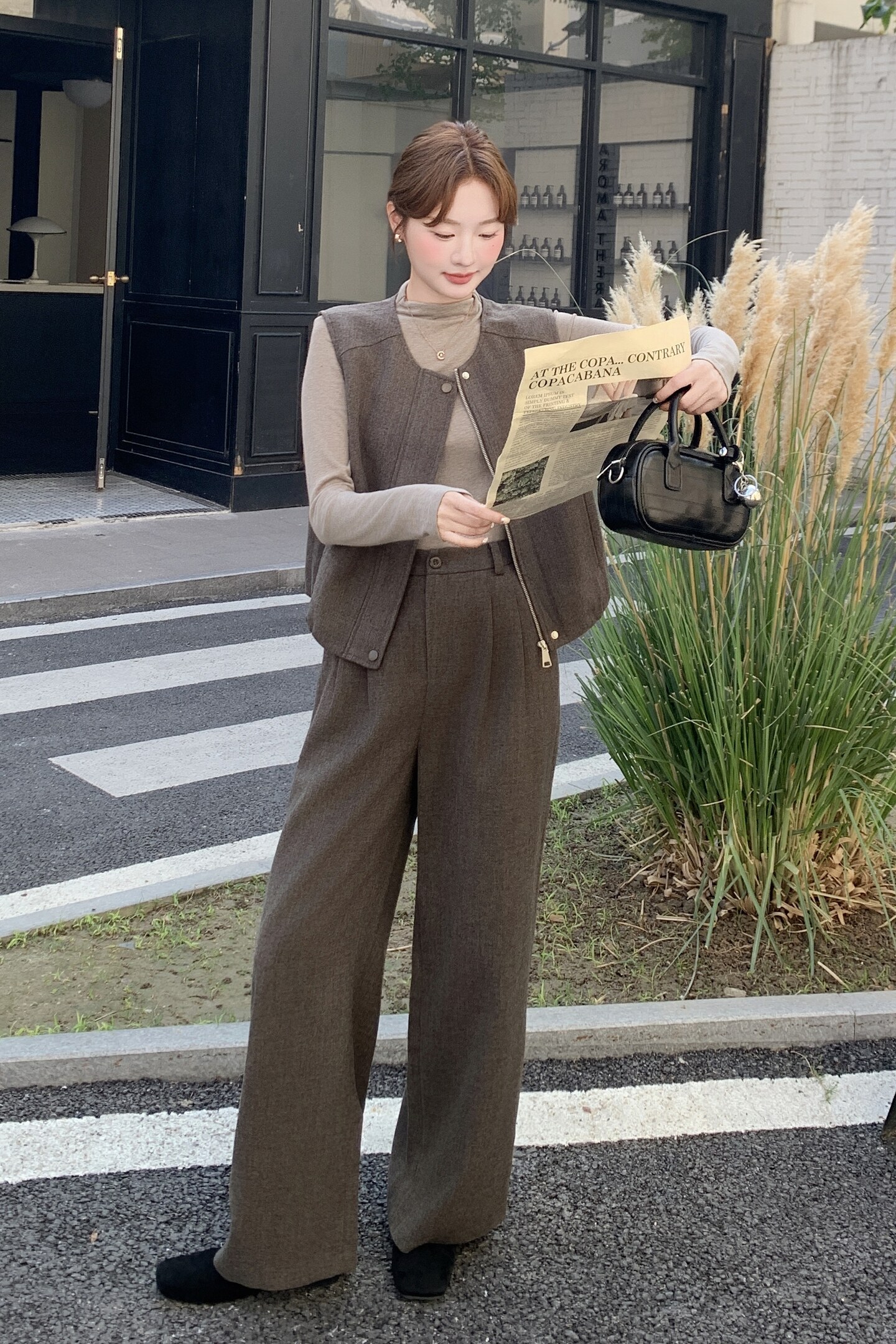 老钱风马甲打底衫阔腿裤套装女春秋巨好看三件套ootd穿搭大方得体,女装套装/套裙,2C012