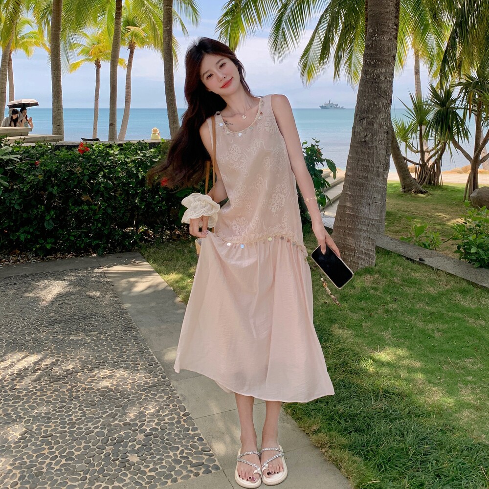 现货主推！蕾丝拼接粉色连衣裙带亮片2025夏季新款裙子P135K188,女装连衣裙,2C320