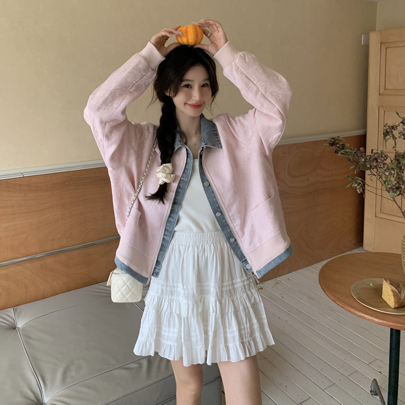 新中式粉色牛仔拼接短款棒球服外套女春2025新款学院风假两件夹克,女装短外套,2C266