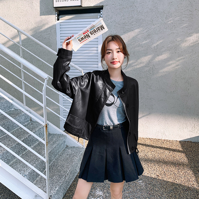 美拉德短款立领皮衣外套女春秋2025新款港风休闲宽松阔版pu皮夹克,女装短外套,2C075