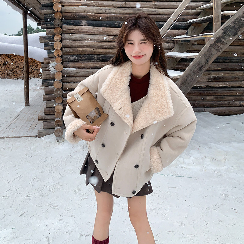 米白色皮毛一体羊羔毛外套女冬季短款夹克加厚棉服6099P225K338,女装棉衣/棉服,2C166