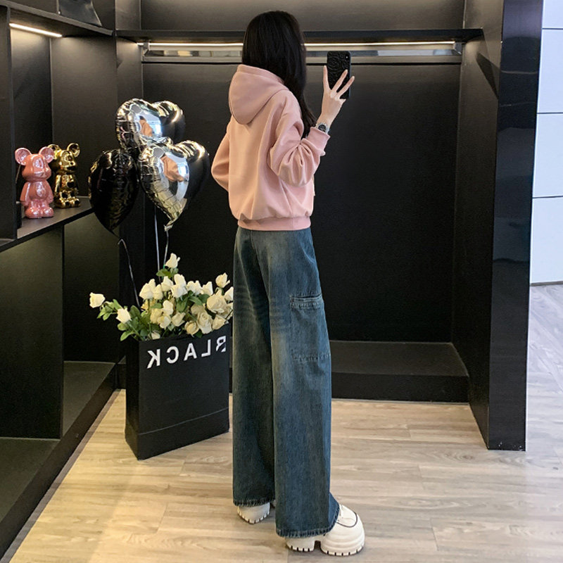 学院风洋气粉色上衣直筒牛仔裤套装潮,女装套装/套裙,2C310