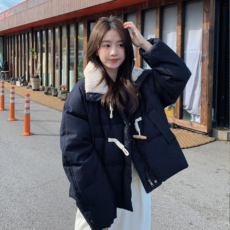 藏青色牛角扣短款羽绒服女2025冬季新款学院风加厚小个子面包服潮,女装棉衣/棉服,2C280