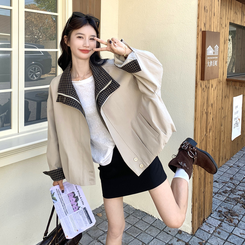 卡其色复古格纹拼接工装短外套女2025秋季小个子休闲百搭夹克上衣图片