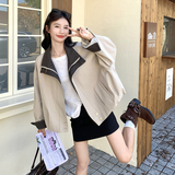 卡其色复古格纹拼接工装短外套女2025秋季小个子休闲百搭夹克上衣，女装短外套，2C159