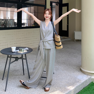 灰色气质高级感系带背心套装女2025夏季新款无袖上衣阔腿裤两件套图片
