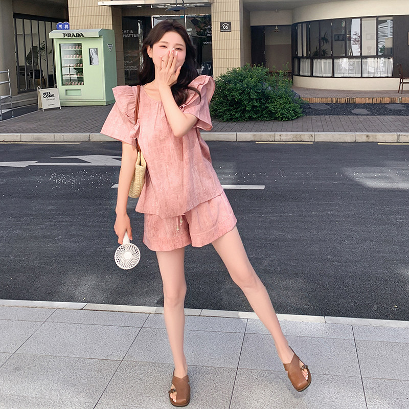 甜美粉色气质夏季休闲套装女2025新款露背木耳边上衣两件套装短裤,女装套装/套裙,2C166