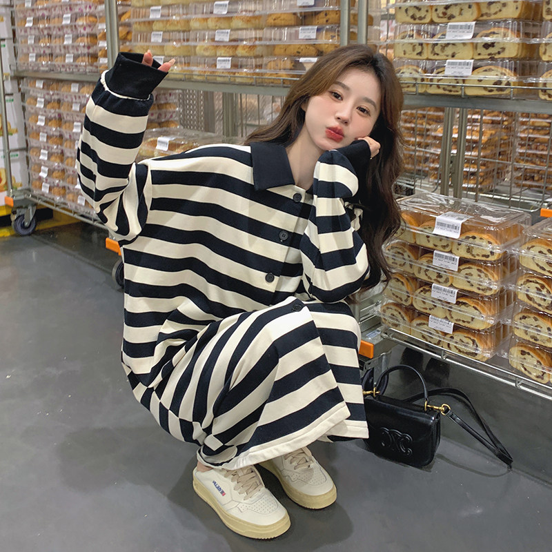 现货款号W1086条纹卫衣裙可做外套两穿P135K188,女装连衣裙,2D043