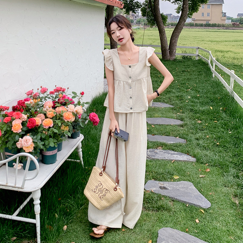 法式减龄小飞袖吊带上衣套装女2025夏季新款宽松显瘦阔腿裤两件套,女装套装/套裙,2C166